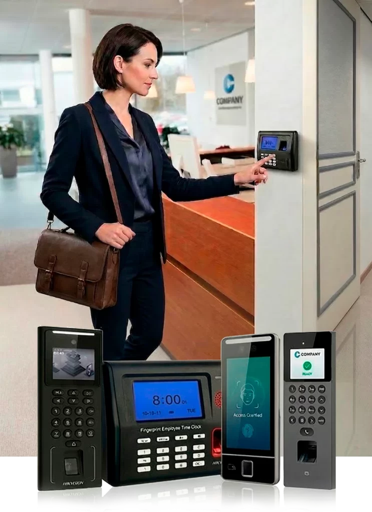Colaborador realizando una marcación de asistencia en un lector ANVIZ y debajo una composición de productos de control de asistencia que suministra Tecnología y servicios Panamá