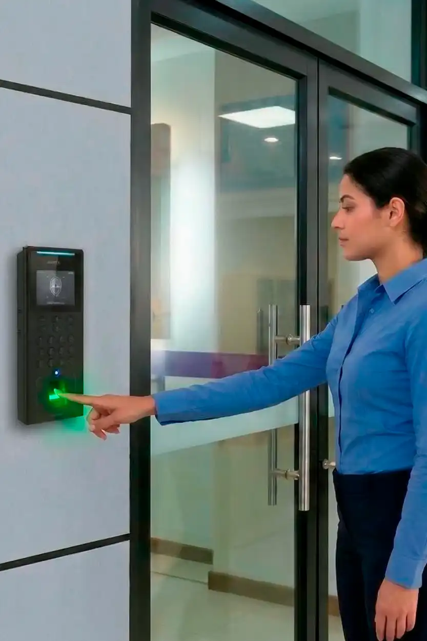 Lector de huella digital Hikvision para control de acceso Panamá montado en una pared de oficina moderna.