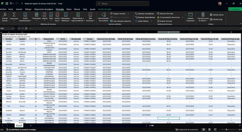 Resultado de exportación de registros de control de asistencia en excel