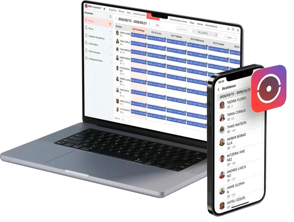 Interfaz de la plataforma Hik-Connect en una laptop para la gestión de control de acceso y reportes de asistencia en la nube.