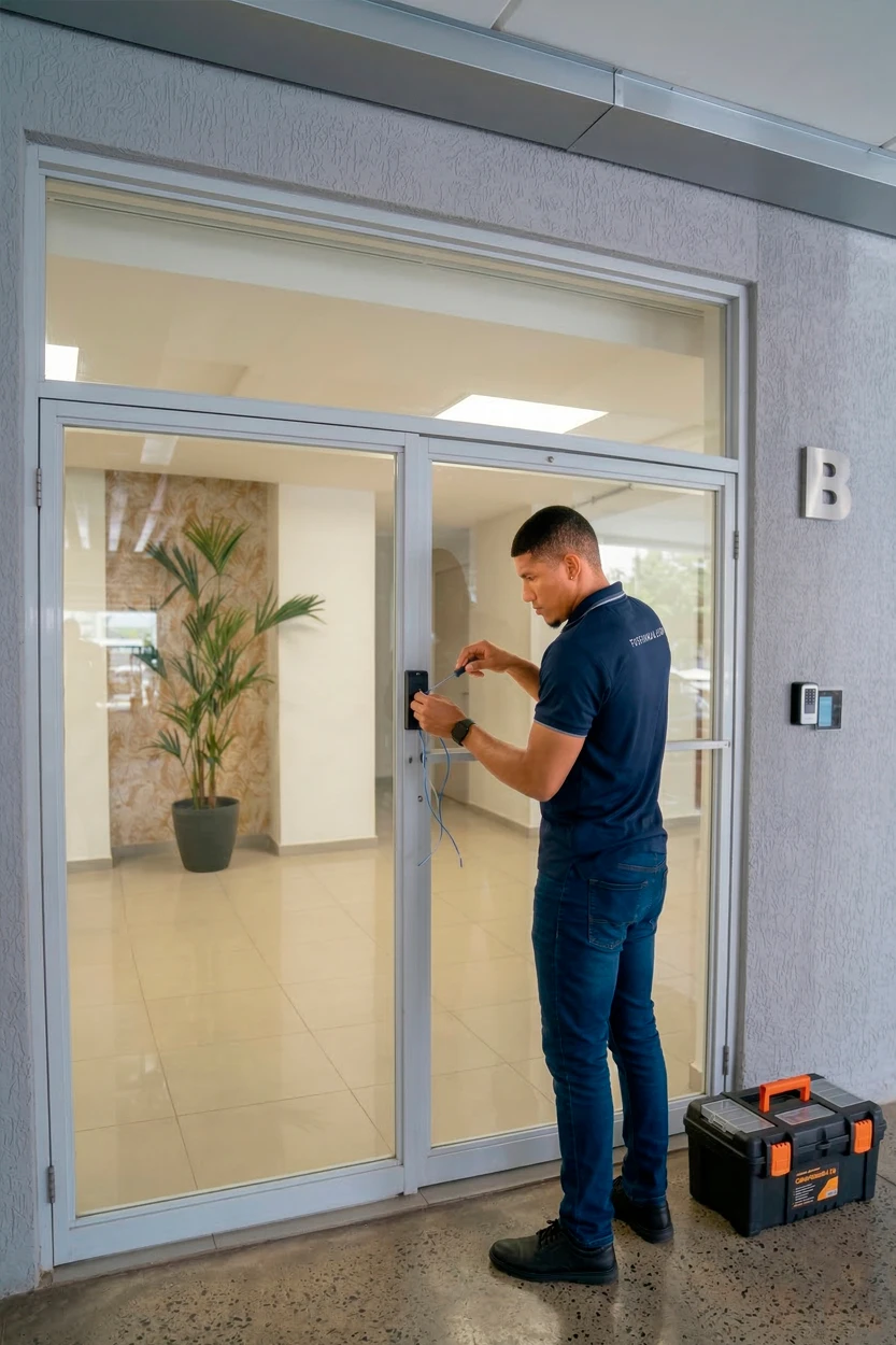 Técnico especializado de Tecnología y Servicios Panamá realizando la instalación de un sistema de control de acceso con cerradura magnética en una oficina.