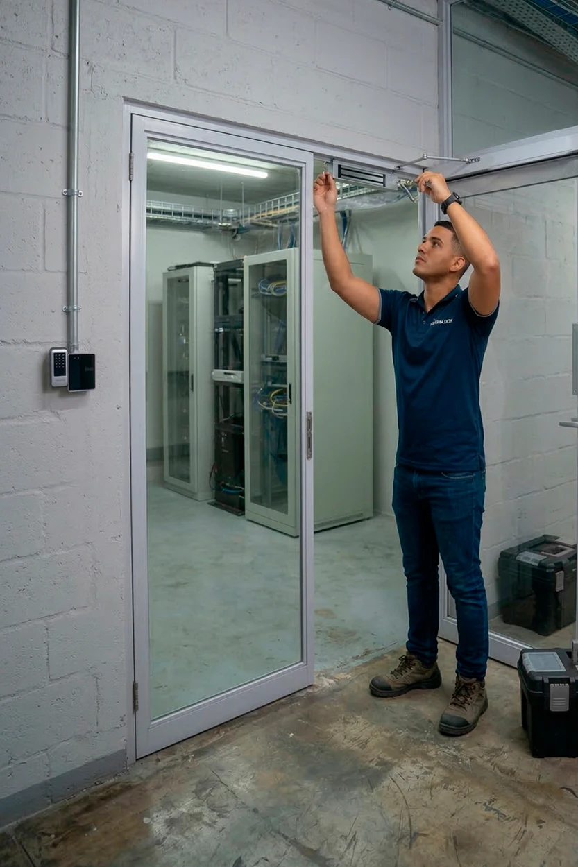 Montaje profesional de acceso de control biométrico y electroimanes en puertas de vidrio para empresas en Panamá.